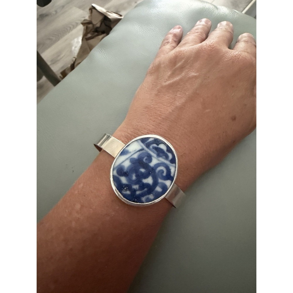 Vintage Sterling Silver 925 Blue Porcelain Cuff Bangle Bracelet